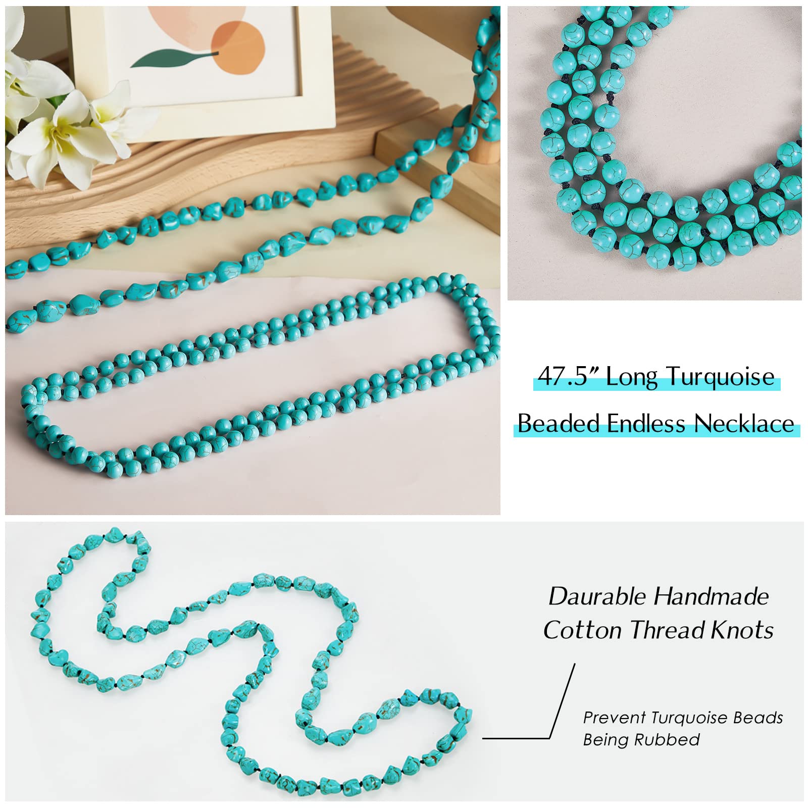 Henoyso 2 Pcs Turquoise Beads Necklace 47.5 Inch Long Endless Necklace Multi Strand Layer Necklace Knotted Homemade Jewelry(Fresh Style)