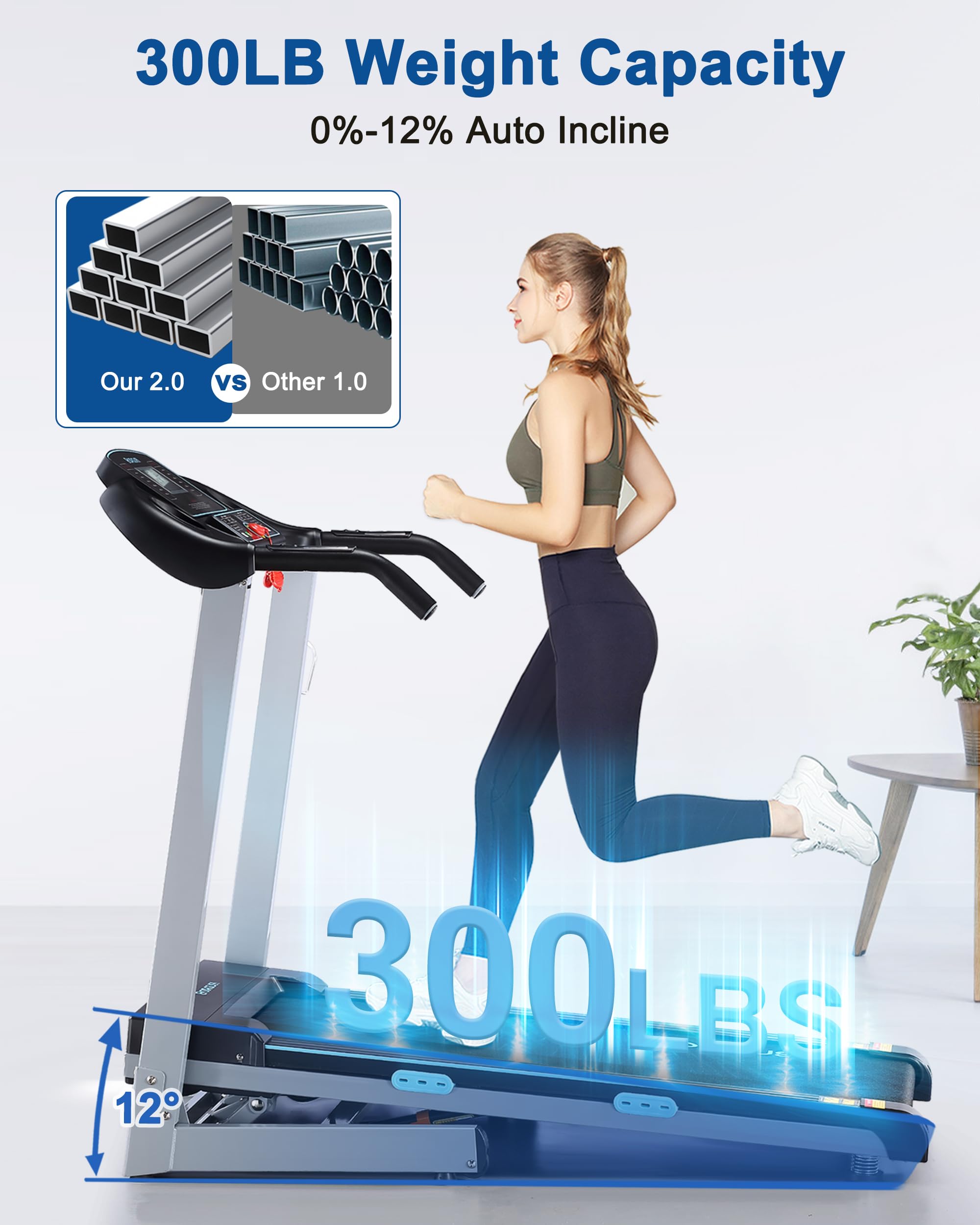 BORGUSI Treadmill with 12% Auto Incline and Bluetooth Speaker - 300 lb Capacity, 3.0HP Folding Electric Treadmill Up to 8.5 MPH Speed, Running Machine with 17.5" Wide Tread Belt for Home Use