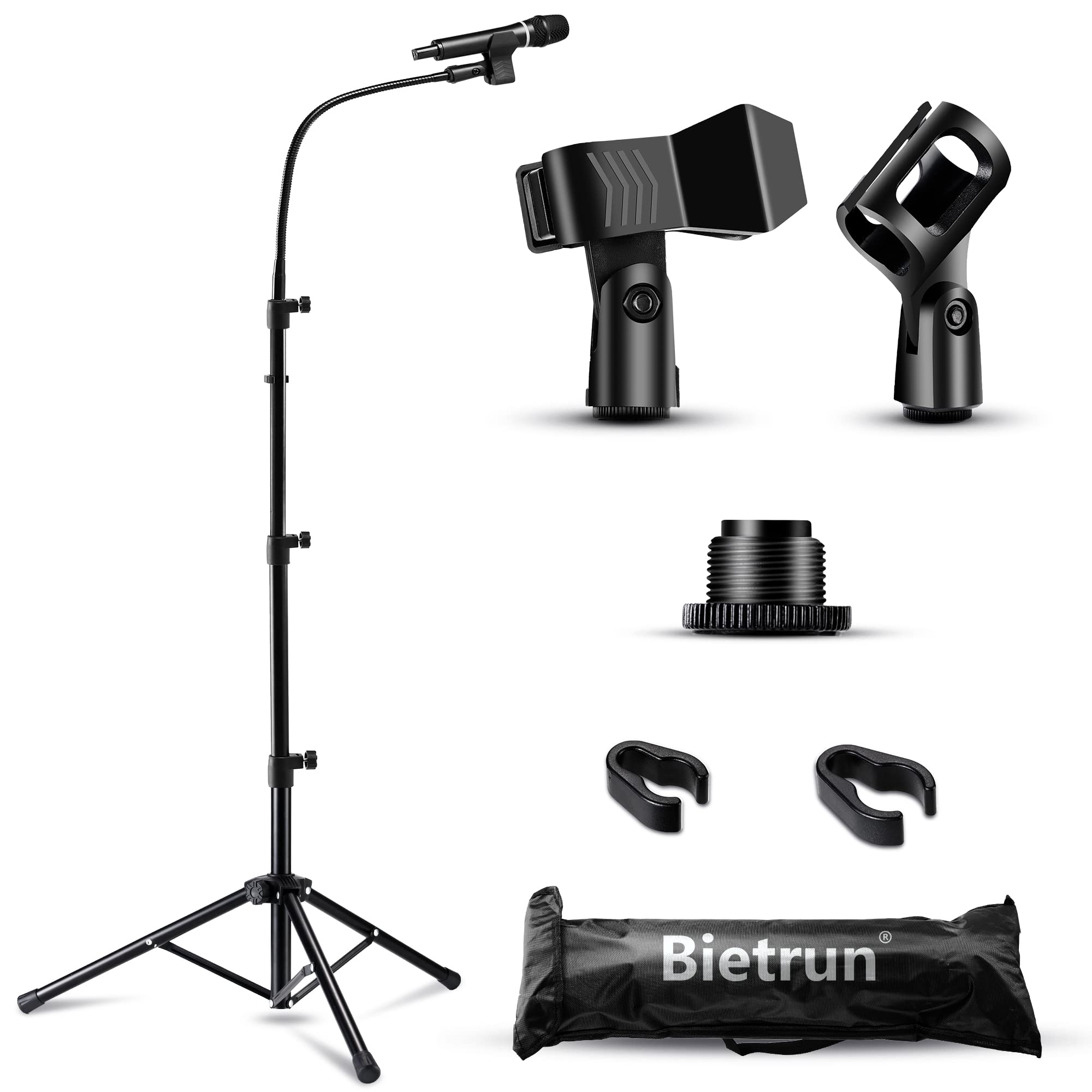 Mic Stand, Bietrun Metal Gooseneck Boom Arm Mic Stand Tripod, Height＆360° Adjustable, with Carrying Bag & 2 Mic Clips,Compatible with Wireless Mic＆Wired Mics for Singing/Wedding/Church/Stage/Party