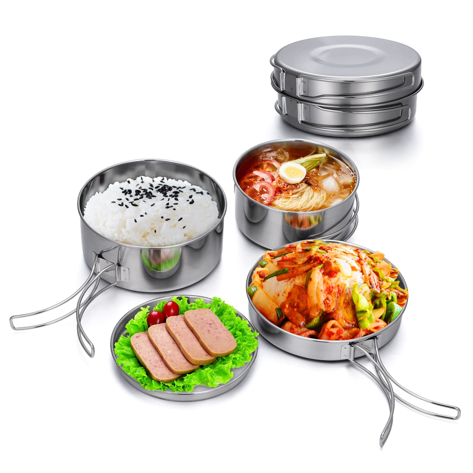 Lixada Camping Cookware Set, 4PCS Portable Stainless Steel Camp Cook Set, Lightweight Stackable Camping Pots and Pans Plate Set Camping Gear for Outdoor Backpacking Camping Hiking Picnic