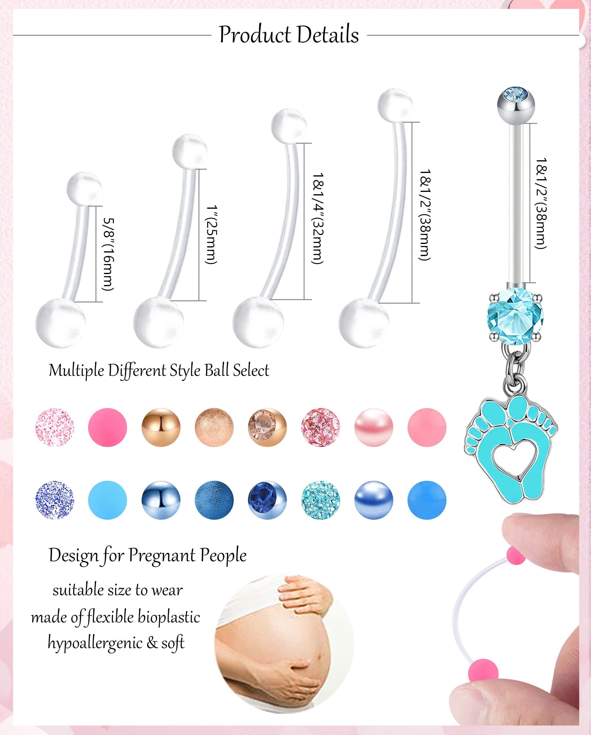 EVELICAL 26Pcs Pregnancy Belly Button Rings Long Bar Maternity Flexible Bioplast CZ Clear Navel Rings Sport Belly Piercing Retainer Body Jewelry Blue