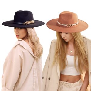 2 Pack Wide Brim Fedora Hats for Women Men, Stylish Fedora Hats for Women Classic Felt Fedora Hats with Belt Buckle Felt Panama Hat