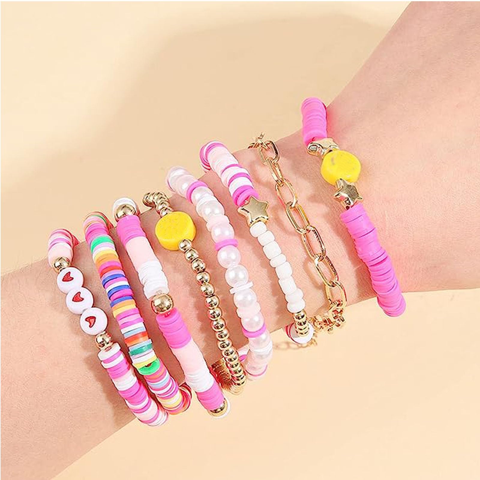 GIGB PBDK Heishi Summer Surfer Bracelets Set,Colorful Preppy Heart Star Stretch Beaded Bracelet Y2K Clay Polymer Aesthetic Beach Layering Jewelry