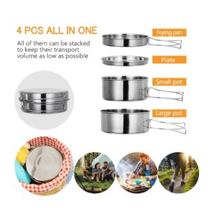 Lixada Camping Cookware Set, 4PCS Portable Stainless Steel Camp Cook Set, Lightweight Stackable Camping Pots and Pans Plate Set Camping Gear for Outdoor Backpacking Camping Hiking Picnic