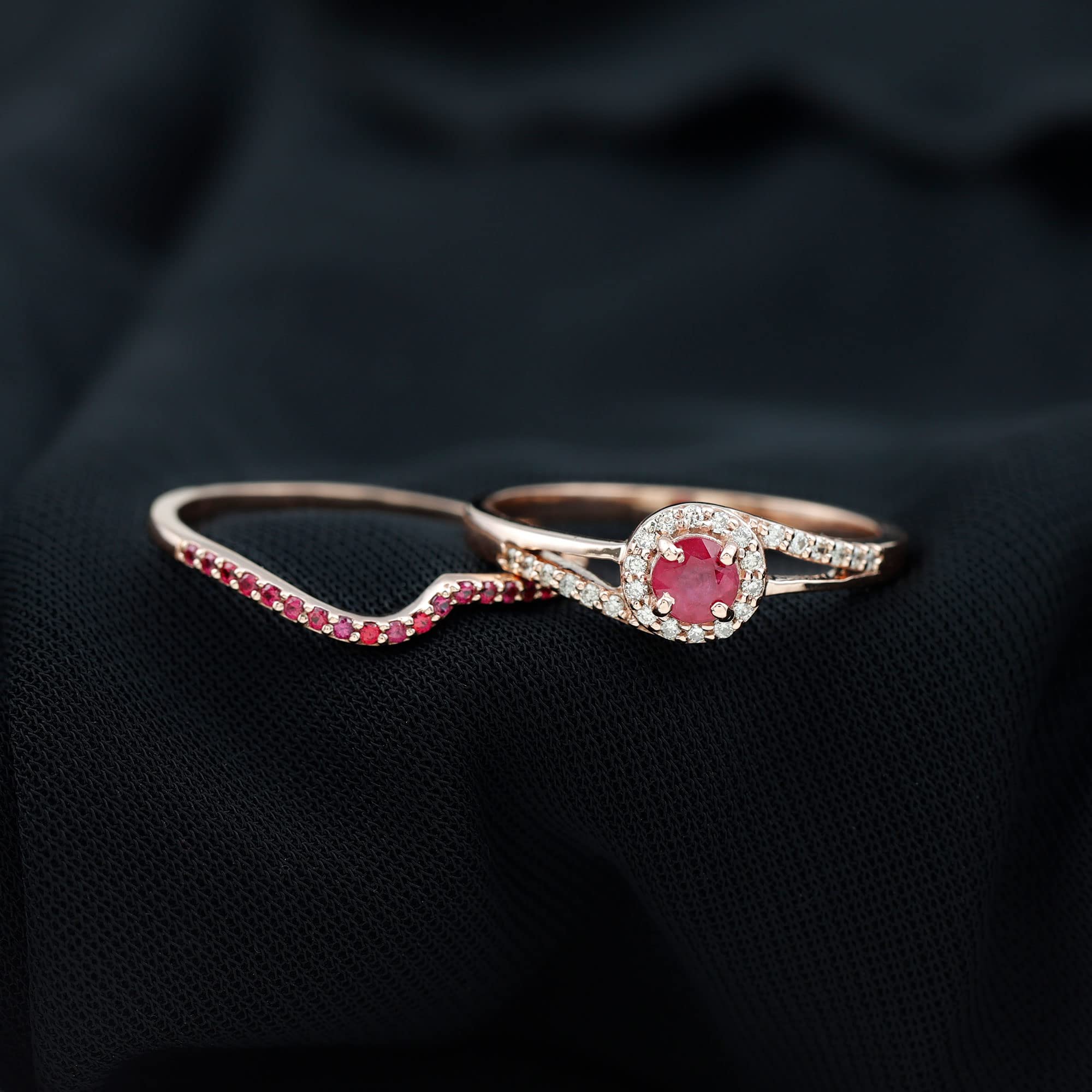 1 CT Ruby and Diamond Ring Set, Ruby Wedding Ring Set, Minimal Ruby Gold Bypass Ring, Genuine Ruby Bridal Ring Set for Women, 14K Rose Gold, Size:US 8.00