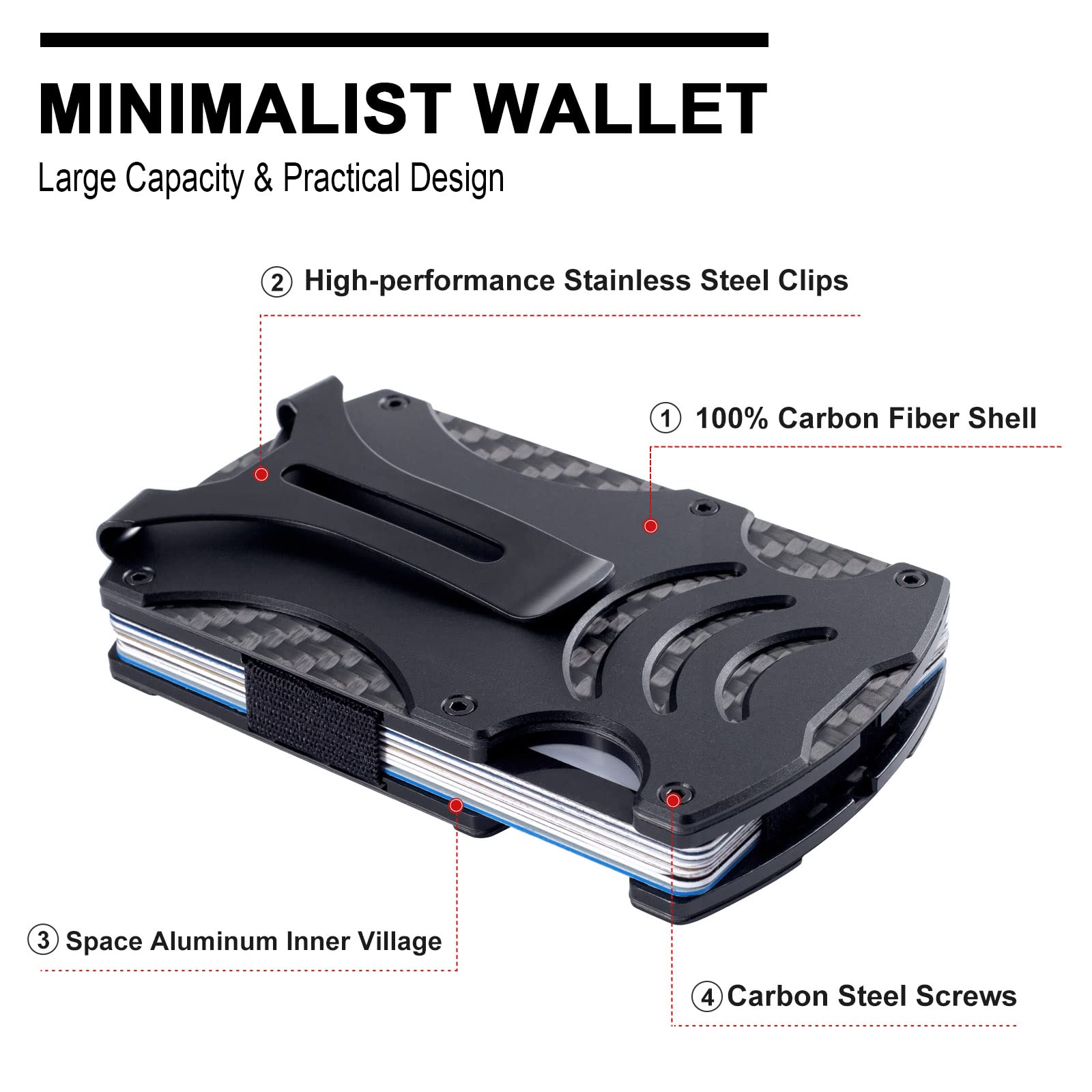 INECOKS Tactical Wallet, Carbon Fiber Wallet, Metal Money Clip Wallet, RFID Blocking Minimalist Wallet for Men Slim Aluminum Credit Card Holder