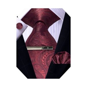 roberto gabbani mens burgundy silk tie and pocket square cufflinks clip set, designer woven necktie set for wedding business prom