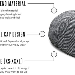 The Original Boston Scally Cap - The Peaky Newsboy Flat Cap - 8 Panel Cotton Fitted Hat for Men - Grey Herringbone