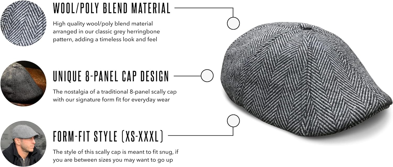 The Original Boston Scally Cap - The Peaky Newsboy Flat Cap - 8 Panel Cotton Fitted Hat for Men - Grey Herringbone