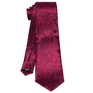 ROBERTO GABBANI Mens Burgundy Silk Tie and Pocket Square Cufflinks Clip Set, Designer Woven Necktie Set for Wedding Business Prom