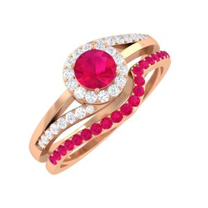 1 CT Ruby and Diamond Ring Set, Ruby Wedding Ring Set, Minimal Ruby Gold Bypass Ring, Genuine Ruby Bridal Ring Set for Women, 14K Rose Gold, Size:US 8.00