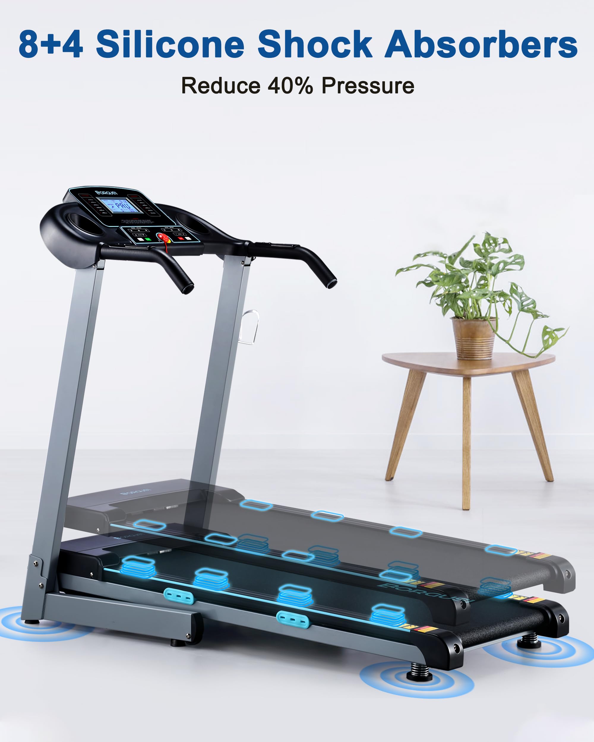 BORGUSI Treadmill with 12% Auto Incline and Bluetooth Speaker - 300 lb Capacity, 3.0HP Folding Electric Treadmill Up to 8.5 MPH Speed, Running Machine with 17.5" Wide Tread Belt for Home Use