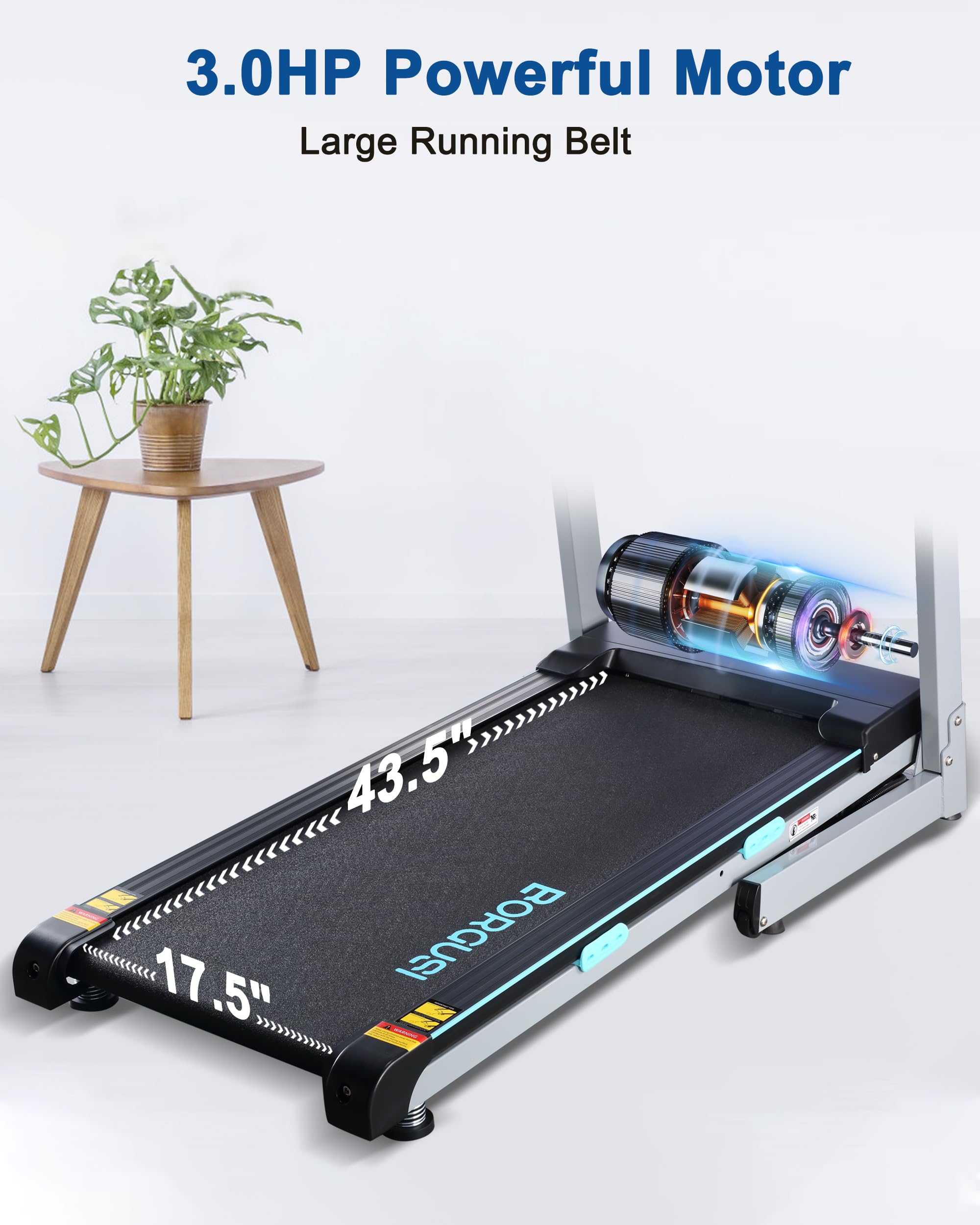 BORGUSI Treadmill with 12% Auto Incline and Bluetooth Speaker - 300 lb Capacity, 3.0HP Folding Electric Treadmill Up to 8.5 MPH Speed, Running Machine with 17.5" Wide Tread Belt for Home Use