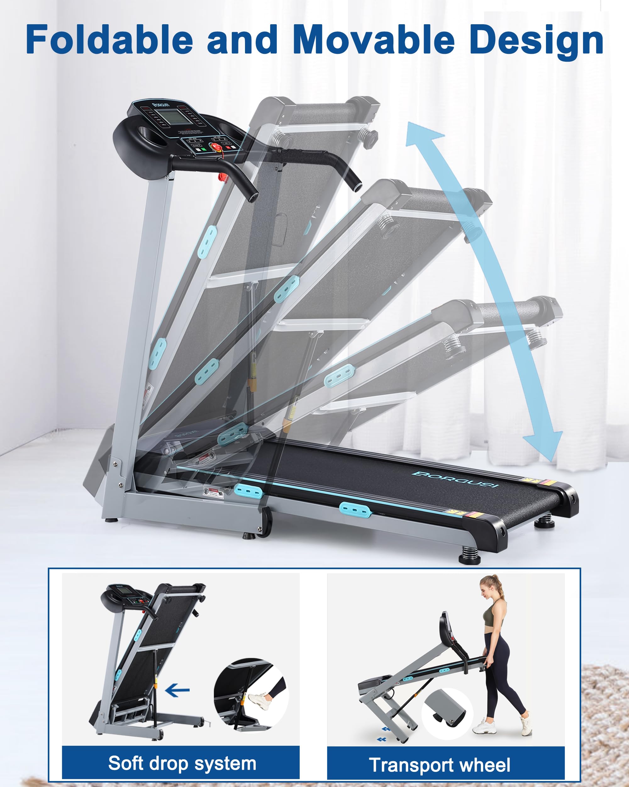 BORGUSI Treadmill with 12% Auto Incline and Bluetooth Speaker - 300 lb Capacity, 3.0HP Folding Electric Treadmill Up to 8.5 MPH Speed, Running Machine with 17.5" Wide Tread Belt for Home Use