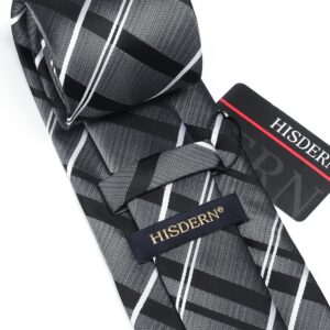 HISDERN Stripe Ties for Men Set Gray and Black Men's Ties Handkerchief Cufflinks Classic Formal Silk Necktie Wedding Business