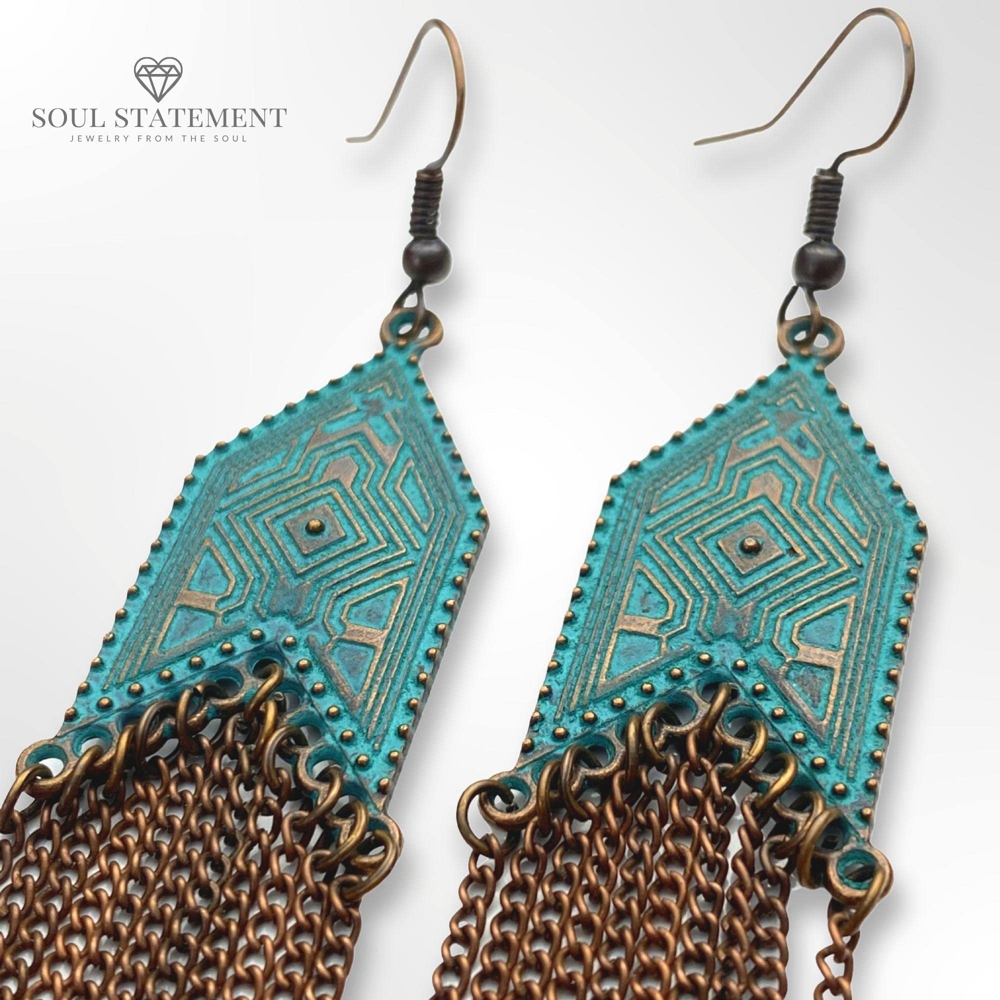 Soul Statement Western Jewelry for Women: Nashville Boho Earrings, Teal Copper & Long Bronze Tassel Chains, Country Concert and Festival Accessories