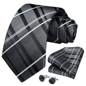 HISDERN Stripe Ties for Men Set Gray and Black Men's Ties Handkerchief Cufflinks Classic Formal Silk Necktie Wedding Business