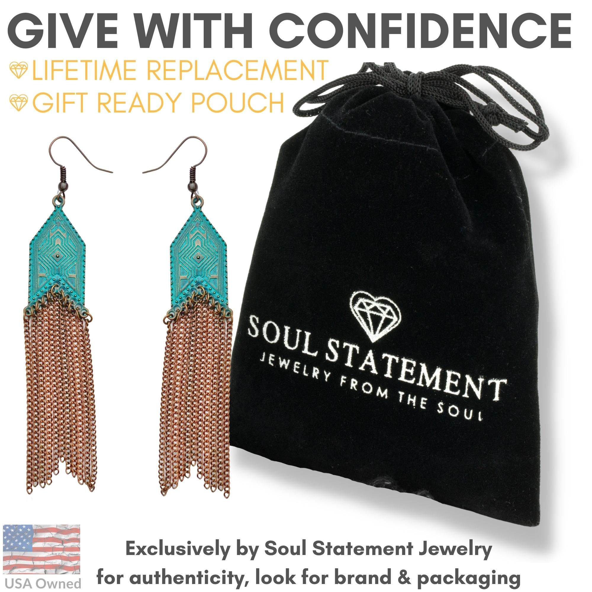 Soul Statement Western Jewelry for Women: Nashville Boho Earrings, Teal Copper & Long Bronze Tassel Chains, Country Concert and Festival Accessories