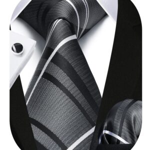 HISDERN Stripe Ties for Men Set Gray and Black Men's Ties Handkerchief Cufflinks Classic Formal Silk Necktie Wedding Business