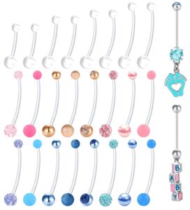 evelical 26pcs pregnancy belly button rings long bar maternity flexible bioplast cz clear navel rings sport belly piercing retainer body jewelry blue