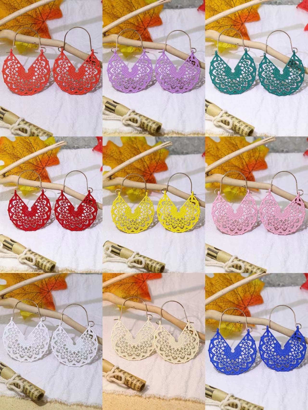 12 pairs of colorful cutout boho cutout pattern bohemia earrings for women hanging dangling fashion set boho DIY lightweight women's earrings candy color earrings