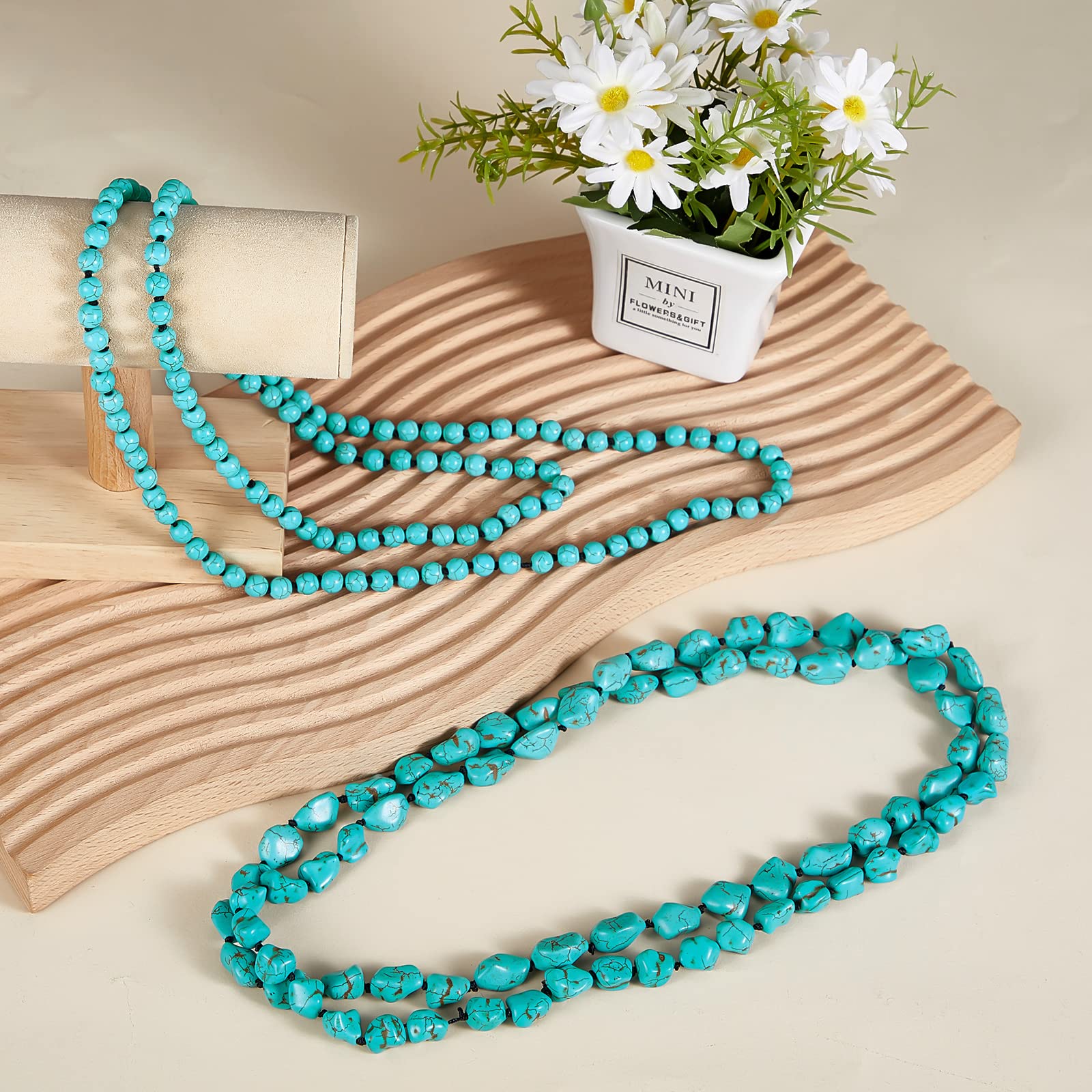 Henoyso 2 Pcs Turquoise Beads Necklace 47.5 Inch Long Endless Necklace Multi Strand Layer Necklace Knotted Homemade Jewelry(Fresh Style)