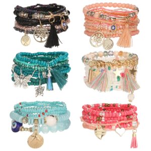 JOERICA 6 Sets Bohemian Stackable Beaded Bracelets for Women Multilayer Colorful Beads Handmade Bracelets Boho Bracelets Pack with Charm