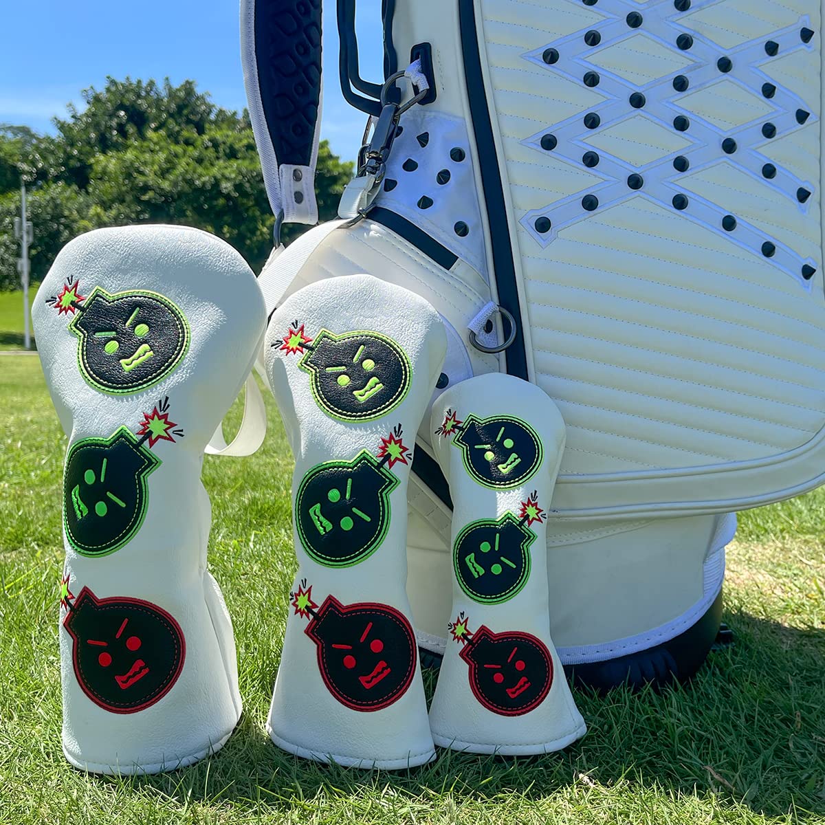 Golf Headcovers Golf Driver Head Cover Embroidery Bombs Premium Leather ((DR+FW+UT) 3pcs/Set)