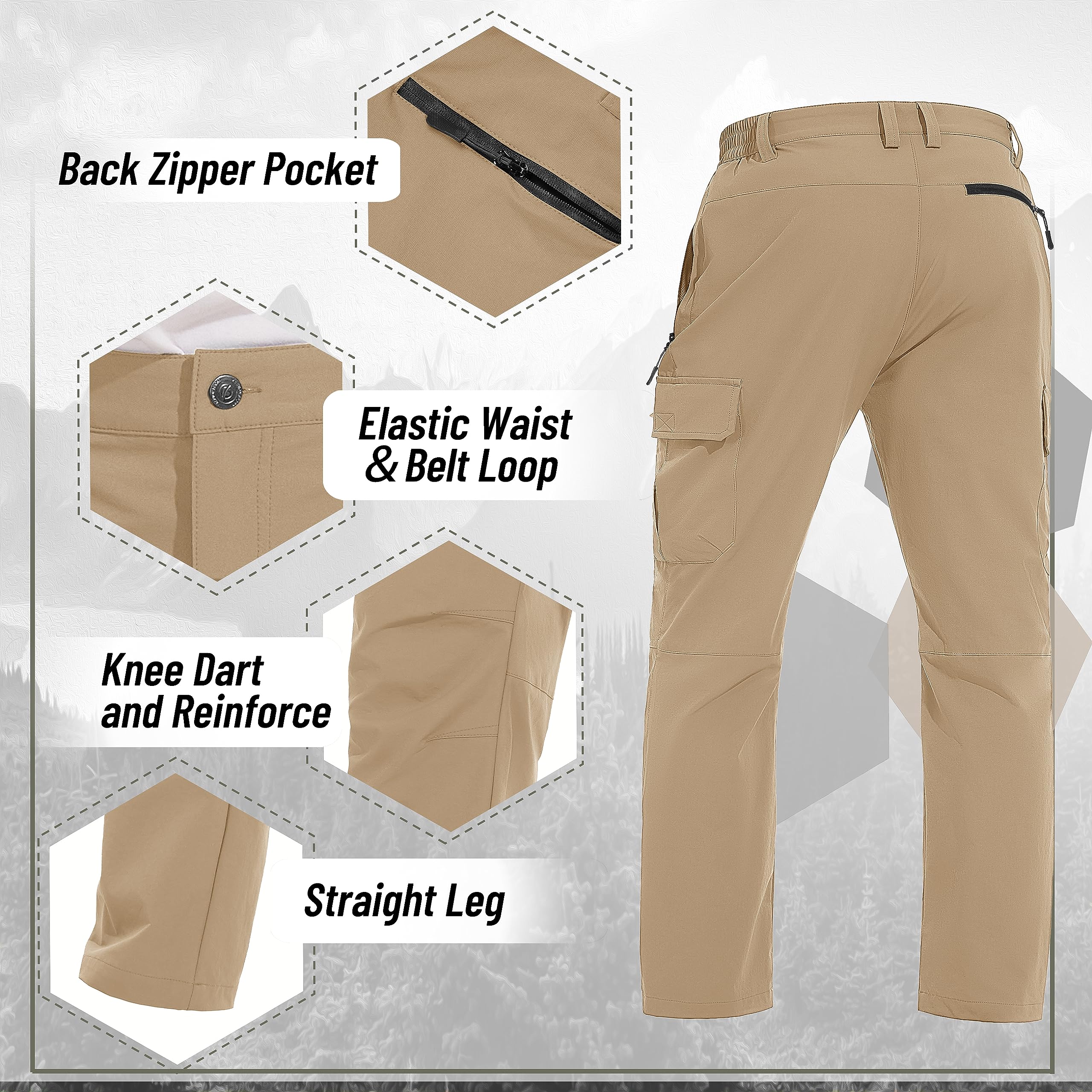 TACVASEN Mens Cargo Pants Water Resistant Ripstop Hiking Pants Elastic Waist Quick Dry Breathable Climbing Workout Khaki