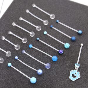 EVELICAL 26Pcs Pregnancy Belly Button Rings Long Bar Maternity Flexible Bioplast CZ Clear Navel Rings Sport Belly Piercing Retainer Body Jewelry Blue