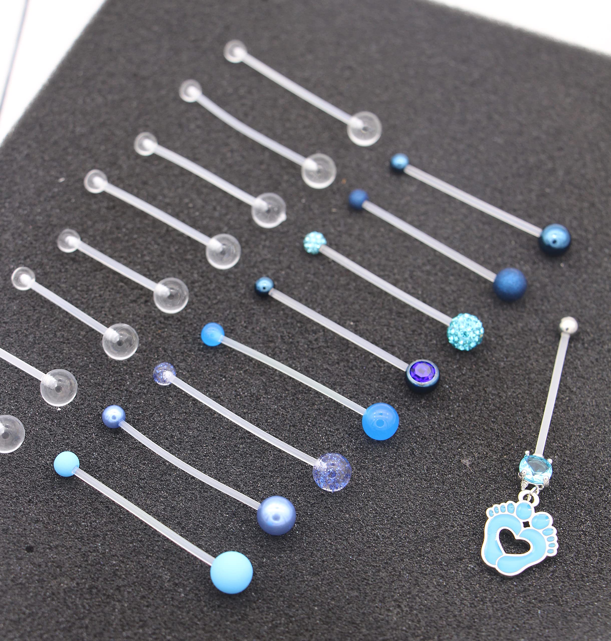 EVELICAL 26Pcs Pregnancy Belly Button Rings Long Bar Maternity Flexible Bioplast CZ Clear Navel Rings Sport Belly Piercing Retainer Body Jewelry Blue