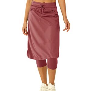 Women 20" Knee Length Tennis Skirt with Built in Legging Golf Skirts Skirted Legging with Pockets Wine Red