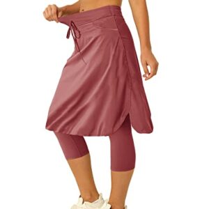 Women 20" Knee Length Tennis Skirt with Built in Legging Golf Skirts Skirted Legging with Pockets Wine Red