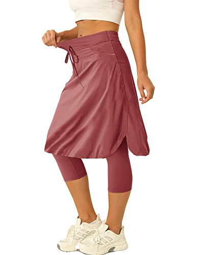 Women 20" Knee Length Tennis Skirt with Built in Legging Golf Skirts Skirted Legging with Pockets Wine Red