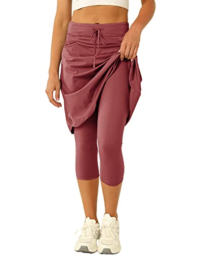 Women 20" Knee Length Tennis Skirt with Built in Legging Golf Skirts Skirted Legging with Pockets Wine Red