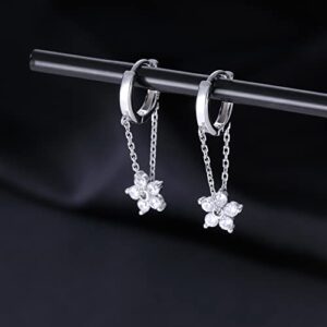 Reffeer 925 Sterling Silver Flower Chain Drop Earrings Hoop for Women Teens Girls Huggie Hoop Dangle Earrings Chain (A-Silver)