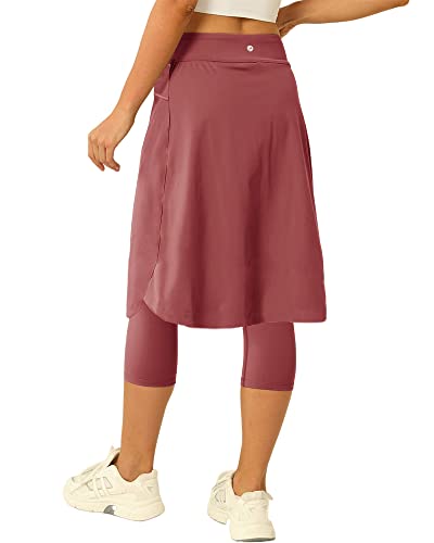 Women 20" Knee Length Tennis Skirt with Built in Legging Golf Skirts Skirted Legging with Pockets Wine Red