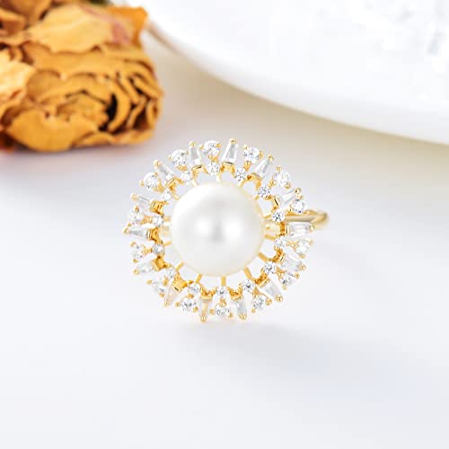 14K Solid Gold 9MM Freshwater Cultured Pearl Ring for Women,Yellow Gold 5A CZ Flower Engagement Ring/Wedding Band/Wedding Anniversary Birthday Gifts for Her,Size 5-11 (Style-1, 6)