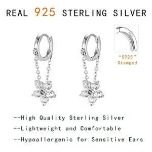 Reffeer 925 Sterling Silver Flower Chain Drop Earrings Hoop for Women Teens Girls Huggie Hoop Dangle Earrings Chain (A-Silver)