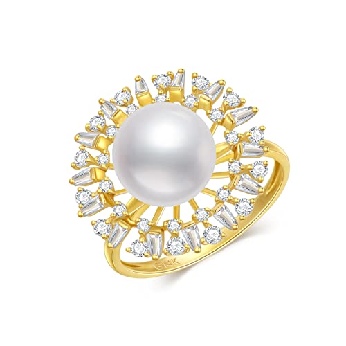 14K Solid Gold 9MM Freshwater Cultured Pearl Ring for Women,Yellow Gold 5A CZ Flower Engagement Ring/Wedding Band/Wedding Anniversary Birthday Gifts for Her,Size 5-11 (Style-1, 6)