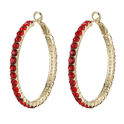 SELOVO Hoop Earrings Red Crystal Hoop Earrings 1.8" Gold Tone