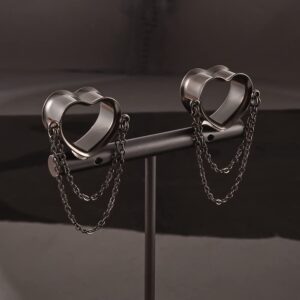 DOEARKO 2 Pcs Ear Gauges Simple Style Tunnels Dangle Plugs with Chain Elegant Stretchers Hypoallergenic Stainless Steel Body Jewelry (14mm(9/16"), Black Heart)