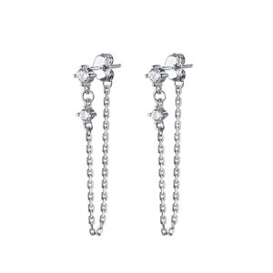 Reffeer Sterling Silver Chain Dangle Earrings for Women Teens Girls CZ Chain Drop Earrings Studs (A-Silver)