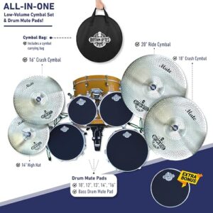 Low Volume Cymbal Pack with Drum Silencer Pads | 12pcs Cymbal Set & Drum Mute Pads, Quiet Drum Set Cymbals 14"/16"/18"/20" | Drum Mute Pak 10"/12"/13"/14"/16", 1 Bass Drum Mute Pad, Free Cymbals Bag