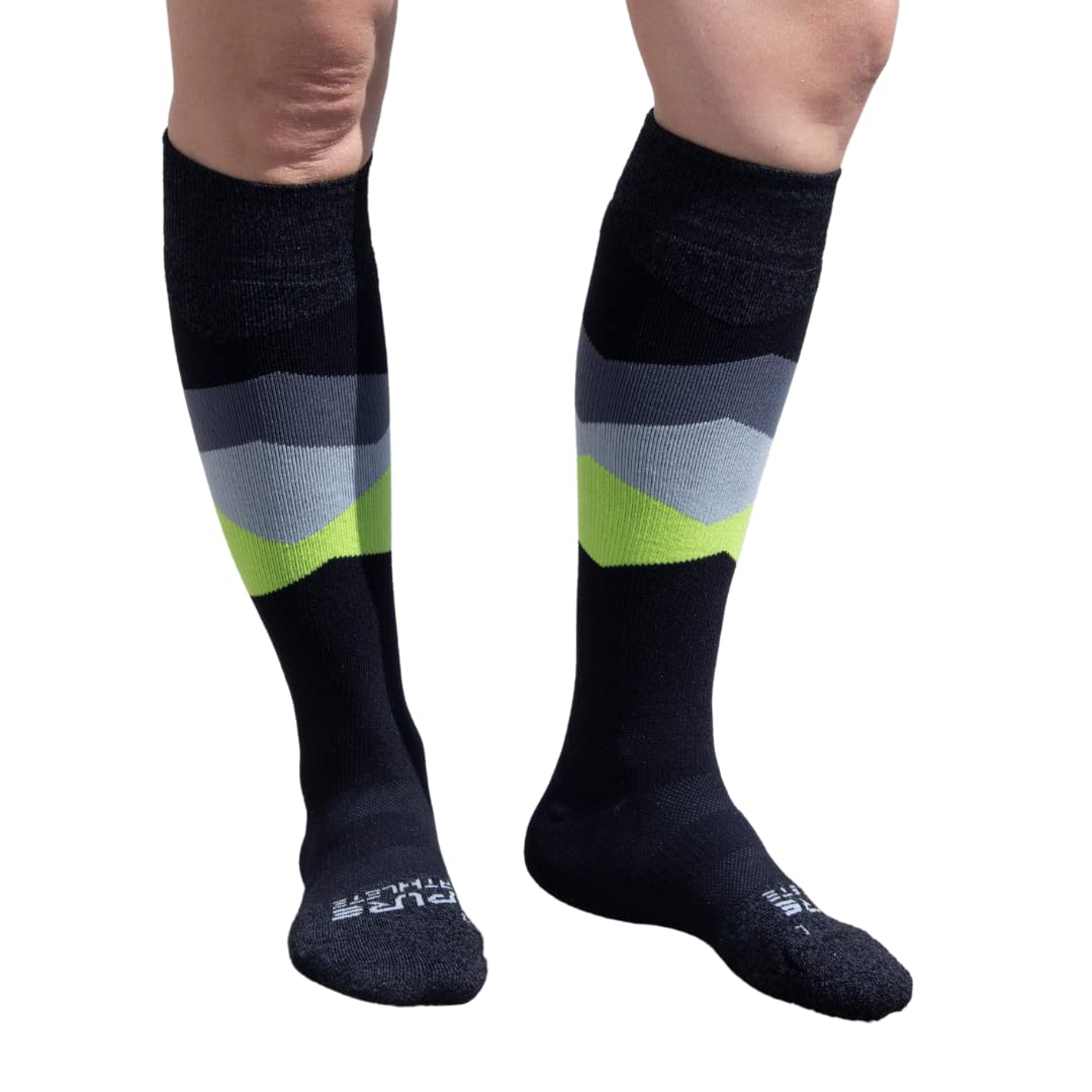 Pure Athlete Eco Friendly Winter Ski Socks - Sustainable Cold Weather Hiking Snowboard Socks (L, Black/Grey/Neon Green)