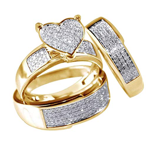 3pcs Women Simulated Diamond Ring Set Engagement Ring Heart Shaped Zircon Promise Rings Wedding Band (Gold, 10)