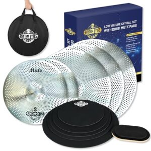 Low Volume Cymbal Pack with Drum Silencer Pads | 12pcs Cymbal Set & Drum Mute Pads, Quiet Drum Set Cymbals 14"/16"/18"/20" | Drum Mute Pak 10"/12"/13"/14"/16", 1 Bass Drum Mute Pad, Free Cymbals Bag