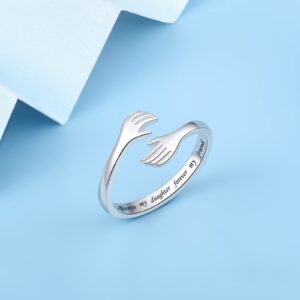 IOHUPCI Sterling Silver Hug Rings for Women, Adjustable Ring Hugging Hand Ring for Daughters Mom Sister Wife Friends Grandma Birthday Holiday Jewelry Gift