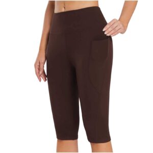 tuduoms high waist biker short for women stretch yoga workout capri leggings knee length cycling capris comfy running joggers brown