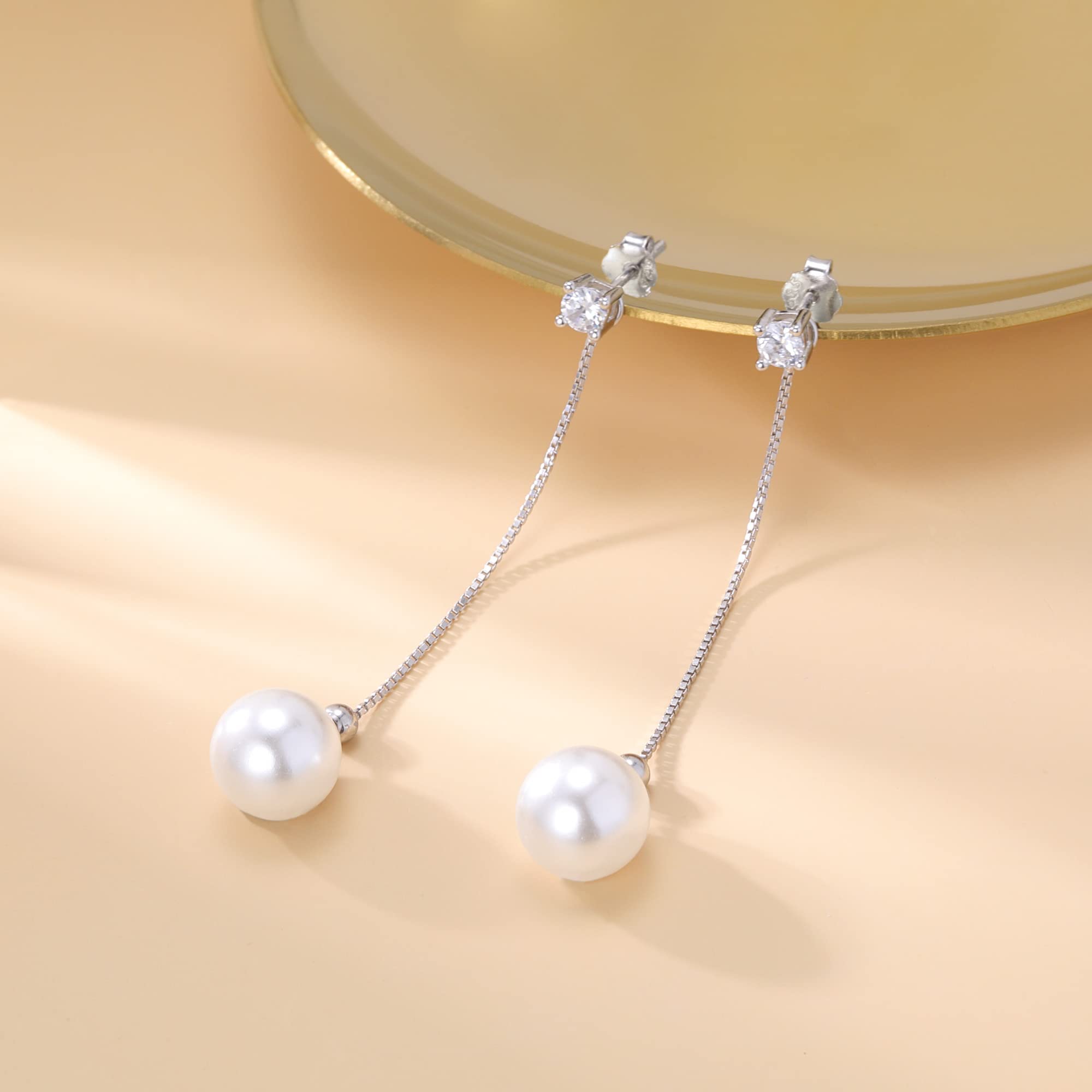 Reffeer Solid 925 Sterling Silver Pearl Earrings Drop for Women Teens Girls Pearl Dangle Earrings CZ Studs Wedding Bridal Dangle Earrings